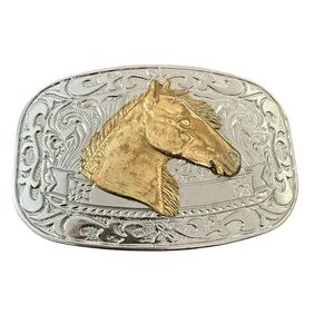 Vintage Silver-Tone Belt Buckle with Gold Horse Head